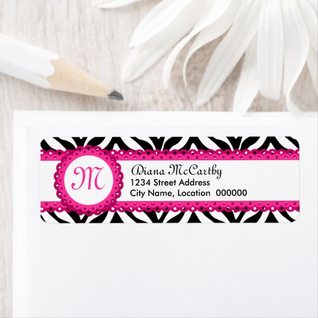 Zebra Print & Hot Pink Lace Monogram Return Address Label (Insitu)