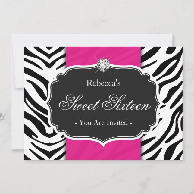 Zebra Print Hot Pink Sweet 16 Sweet Sixteen Party Invitation (Front)