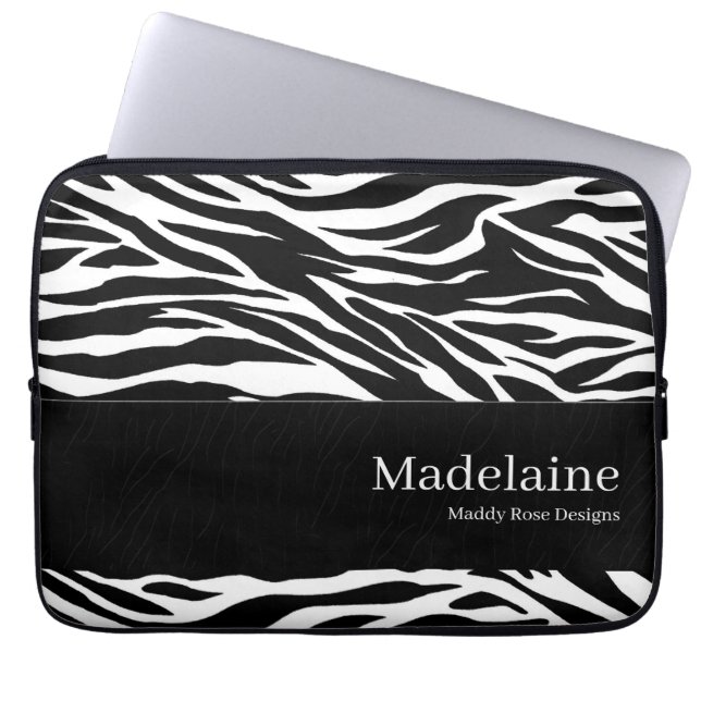 Zebra Print in Black and White with Name Laptop Sleeve (Front)