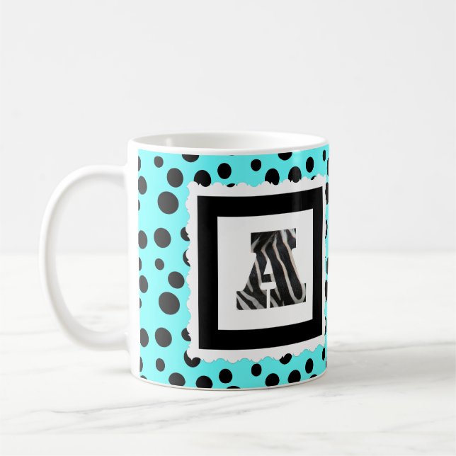 Zebra Print Letter "A" on Aqua/Black Polka Dots Coffee Mug (Left)