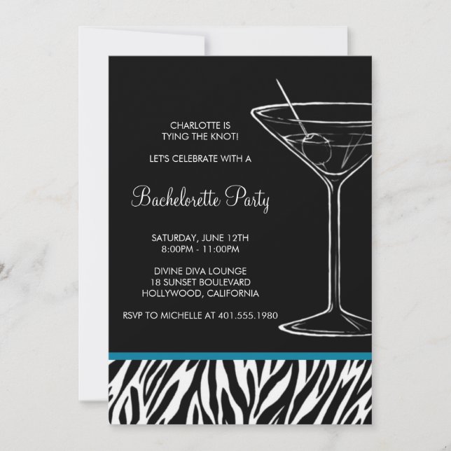 zebra print martini bachelorette invitation (Front)