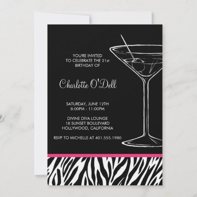Zebra Print Martini Birthday Invitation (Front)