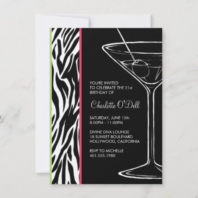 zebra print martini birthday party invitation (Front)