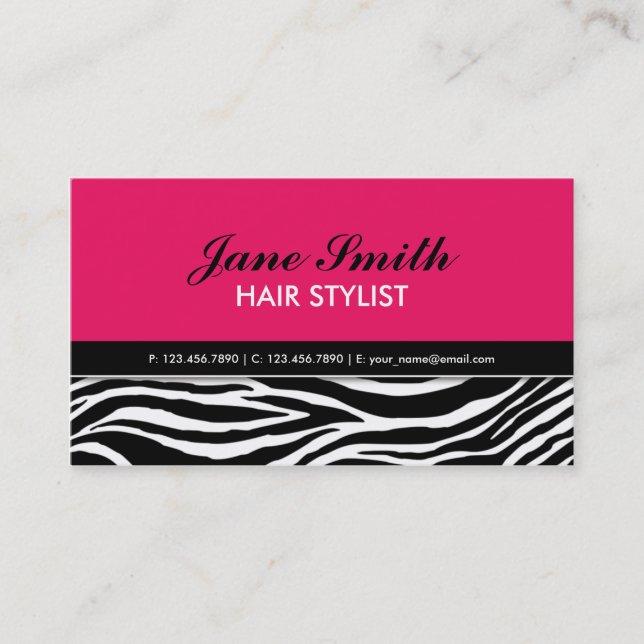 Zebra Print Modern Elegant Hair Stylist Hot Pink Business Card (Front)