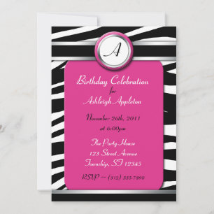 Zebra Print Monogram Fuchsia Birthday Invitations