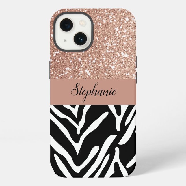 Zebra Print Pattern and Gradient Rose Gold Glitter iPhone Case (Back)