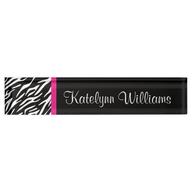 Zebra Print Pink Accent Monogram Desk Name Plate (Front)