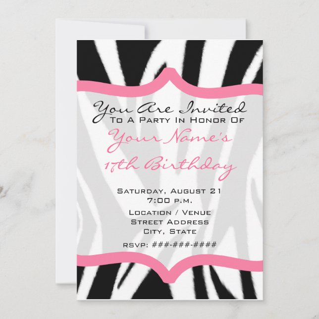Zebra Print & Pink Birthday Party Invite (Front)
