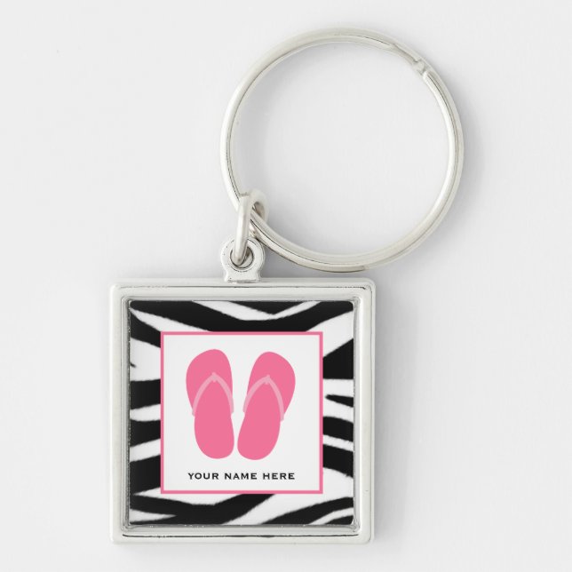 Zebra Print & Pink Flip Flops Personalised Key Ring (Front)