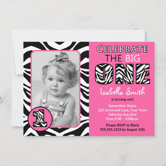 Zebra Print Pink Girls First Birthday Invitation (Front)