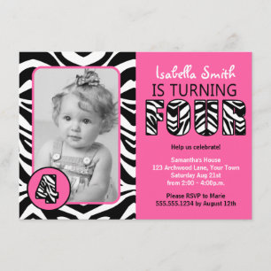 Zebra Print Pink Girls Forth Birthday Invitation