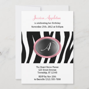 Zebra Print Pink Glass Monogram Birthday Invitation