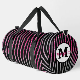 Zebra Print Pink Glitter Monogram Large Duffle Bag