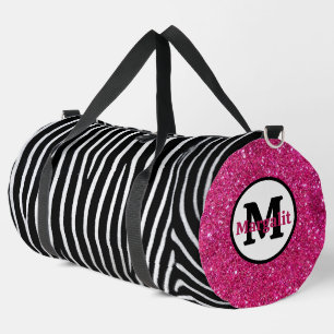 Zebra Print Pink Glitter Monogram Large Duffle Bag