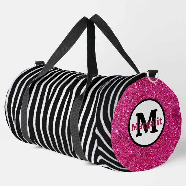Zebra Print Pink Glitter Monogram Large Duffle Bag (Left Corner)
