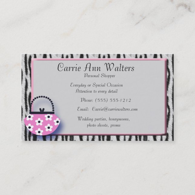 Zebra Print & Pink Handbag Fashion Business Card (Front)