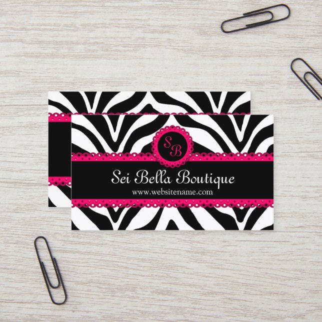 Zebra Print & Pink Lace Monogram Business Card (Front/Back In Situ)