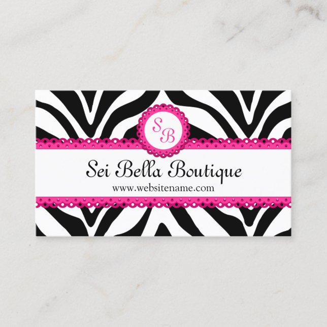 Zebra Print & Pink Lace Monogram Business Card (Front)