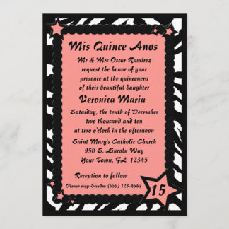 Zebra Print Pink Stars Quincenera Birthday & Photo Invitation