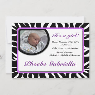 Zebra Print Purple Birth Announcements