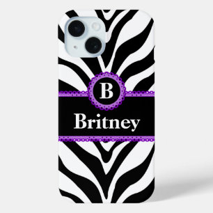 Zebra Print Purple Lace Monogram Name iPhone 15 Case