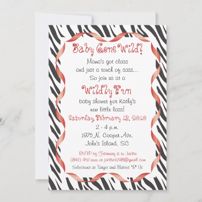 Zebra Print & Red Ribbon Baby Shower Invitation (Front)