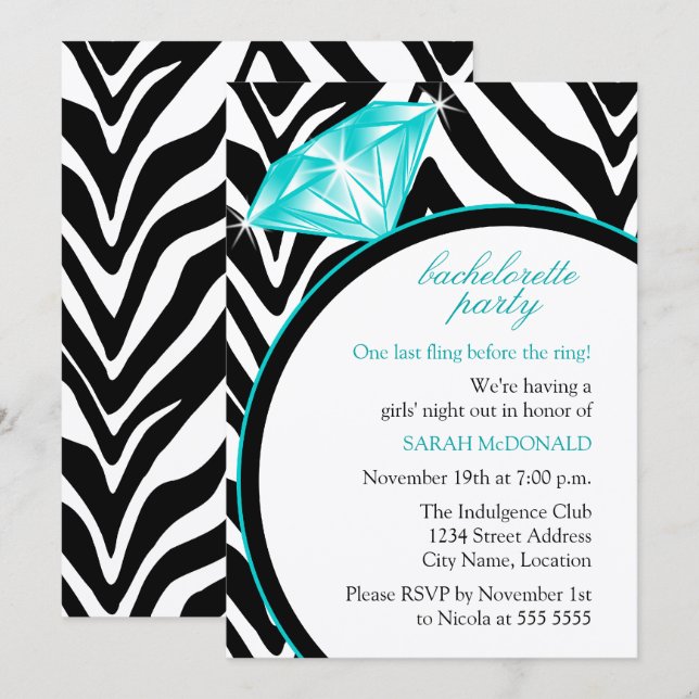 Zebra Print & Ring  Bachelorette Party Invitation (Front/Back)