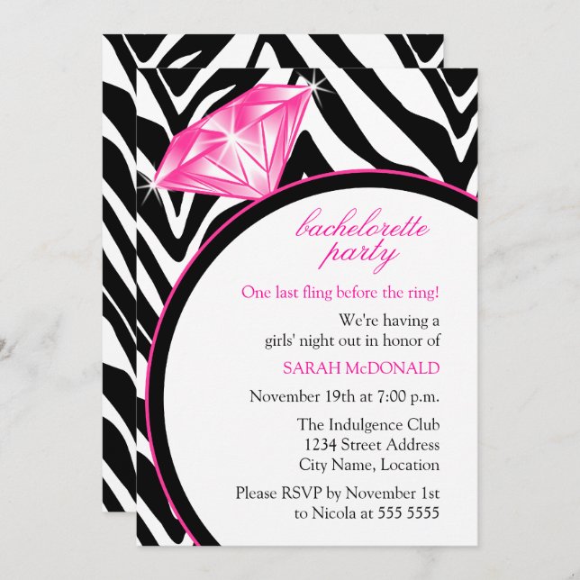 Zebra Print & Ring  Bachelorette Party Invitation (Front/Back)