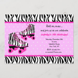 Zebra Print Roller Skates Birthday Invitations