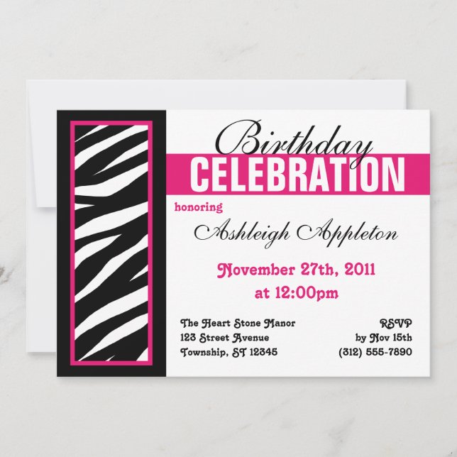 Zebra Print Side Fuchsia Birthday Party Invitation (Front)