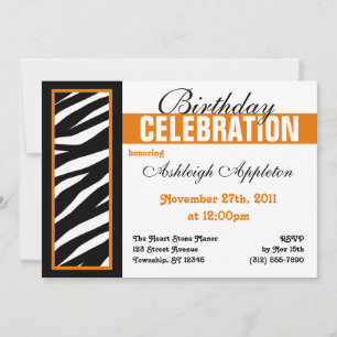 Zebra Print Side Orange Birthday Party Invitations
