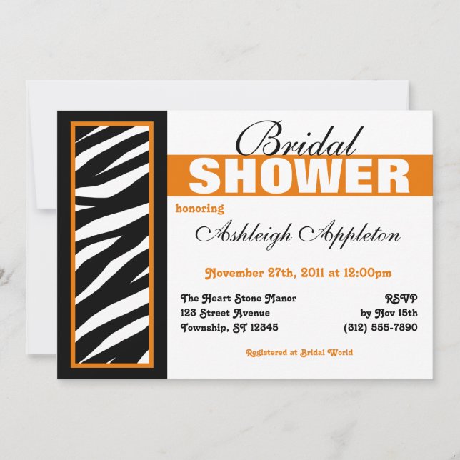 Zebra Print Side Orange Bridal Shower Invitations (Front)