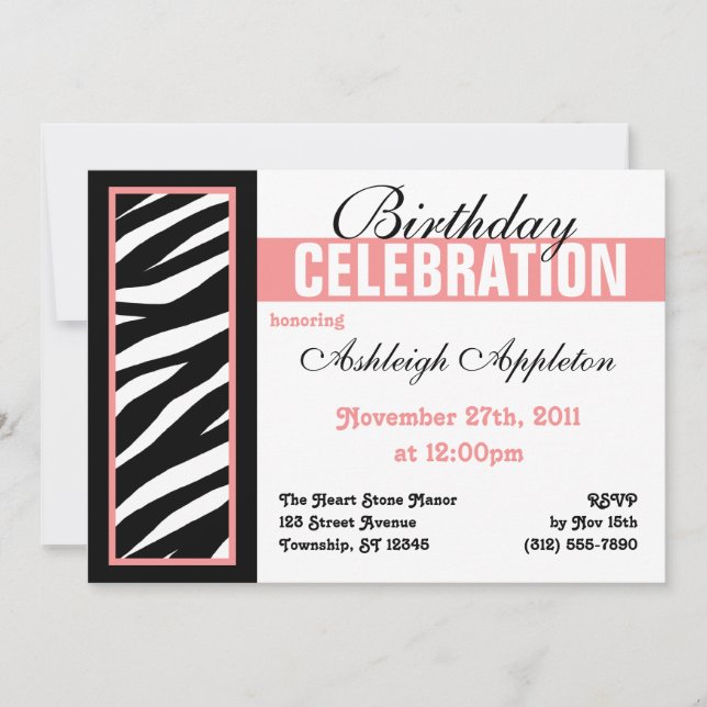 Zebra Print Side Pink Birthday Party Invitations (Front)