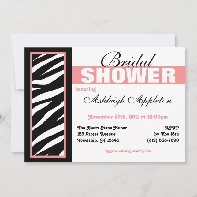 Zebra Print Side Pink Bridal Shower Invitations (Front)