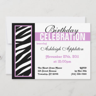 Zebra Print Side Purple Birthday Party Invitations