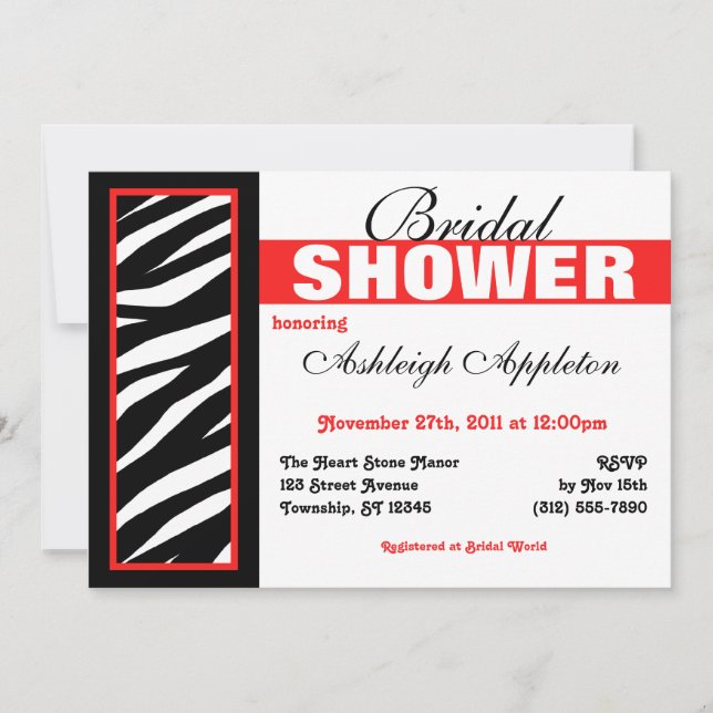 Zebra Print Side Red Bridal Shower Invitations (Front)