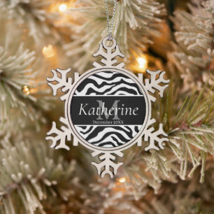 Zebra print snowflake pewter christmas ornament