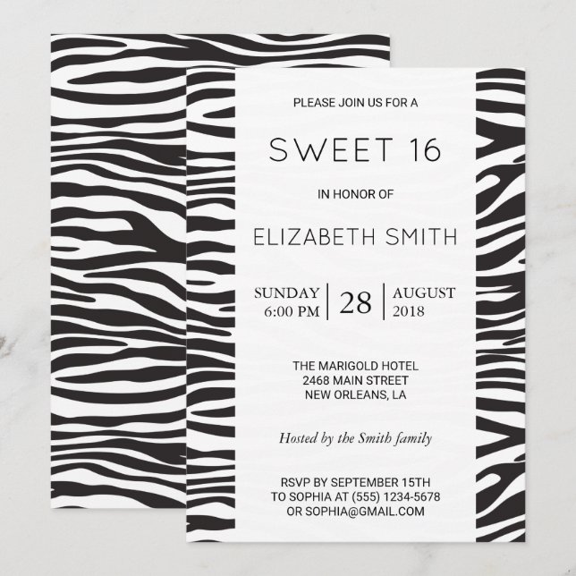 Zebra Print, Stripes, Black And White, Sweet 16 Invitation (Front/Back)