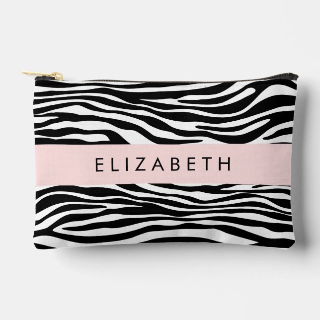 Zebra Print, Stripes, Black And White, Your Name Accessory Pouch (Front)
