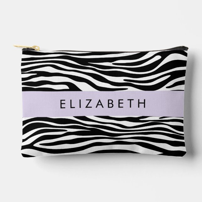 Zebra Print, Stripes, Black And White, Your Name Accessory Pouch (Front)