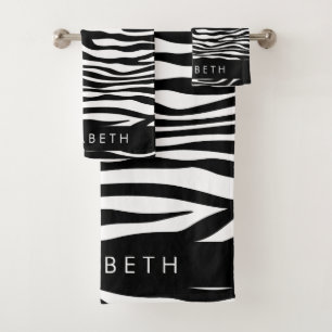 Zebra Print, Stripes, Black And White, Your Name Bath Towel Set