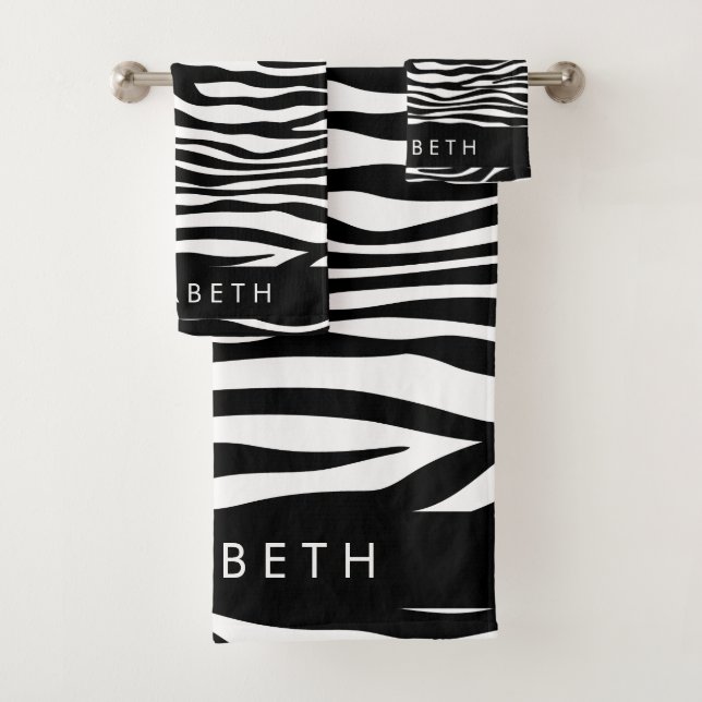 Zebra Print, Stripes, Black And White, Your Name Bath Towel Set (Insitu)