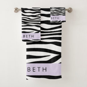 Zebra Print, Stripes, Black And White, Your Name Bath Towel Set
