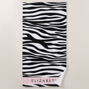 Zebra Print, Stripes, Black And White, Your Name Beach Towel