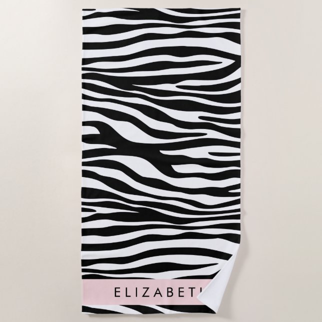 Zebra Print, Stripes, Black And White, Your Name Beach Towel (Front)