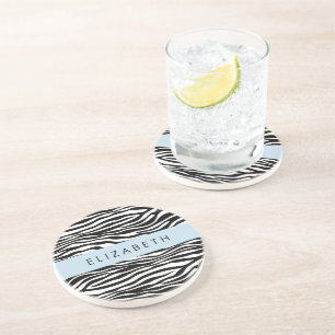 Zebra Print, Stripes, Black And White, Your Name Coaster