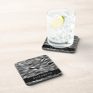 Zebra Print, Stripes, Black And White, Your Name Coaster