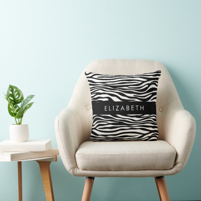 Zebra Print, Stripes, Black And White, Your Name Cushion (Chair)