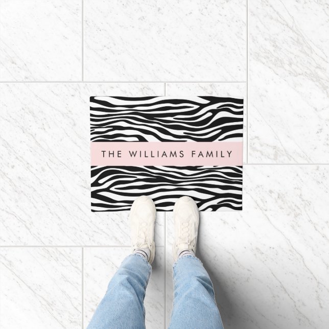 Zebra Print, Stripes, Black And White, Your Name Doormat (Indoor)