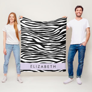 Zebra Print, Stripes, Black And White, Your Name Fleece Blanket